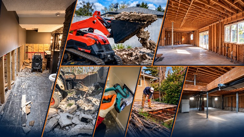 Collage of Hauling Heroes demolition jobs: bathroom tear-out, concrete break-up, interiors stripped to the framing and a deck removal