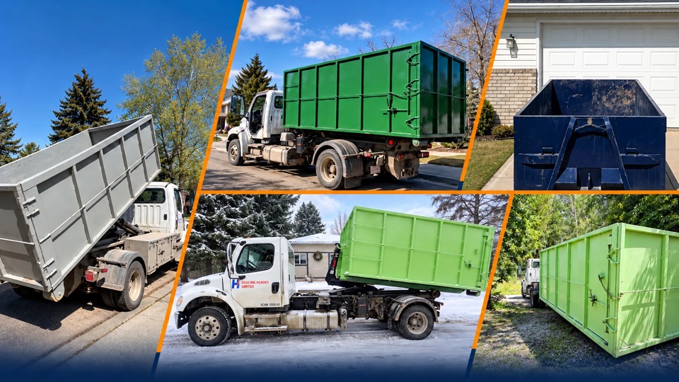 Hauling Heroes bin rentals: a grey bin being tipped from our truck, a green bin loaded on a hook-lift truck, a navy bin on a driveway, our branded truck setting down a green bin in winter and a green bin on site