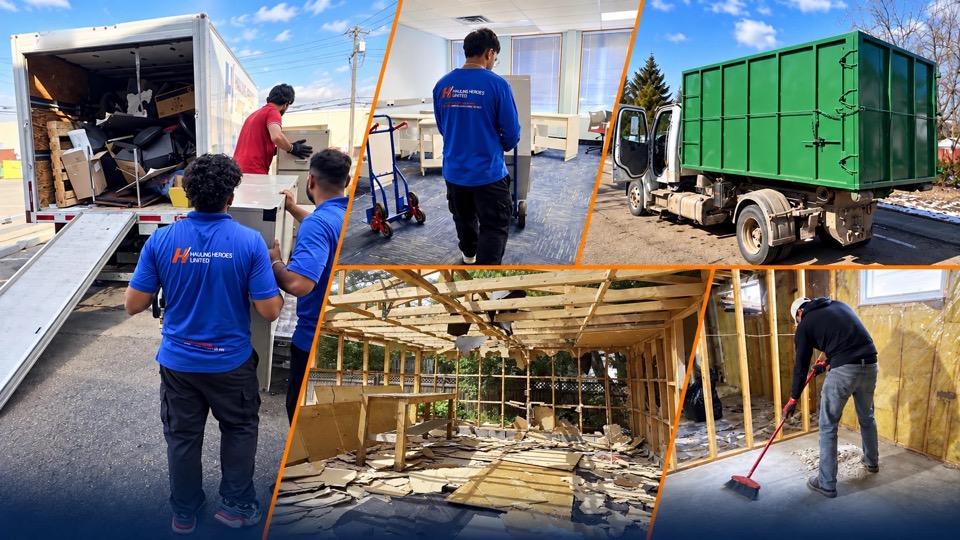 Hauling Heroes commercial work: our crew loading an office cleanout into the truck, a crew member moving office furniture, a roll-off bin on a job site, an interior strip-out and a crew member sweeping up after demolition