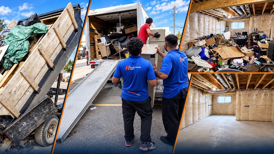 Hauling Heroes junk removal: a dump trailer tipping a full load, two crew members in branded shirts loading a filing cabinet into our truck, and a basement before and after its cleanout