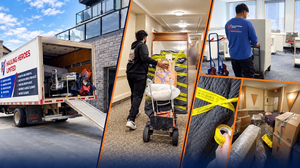Hauling Heroes moving: our truck with the ramp down, a crew member wheeling blanket-wrapped furniture down an apartment hallway, a crew member moving office furniture on a dolly, moving blankets being taped and boxes staged for an apartment move